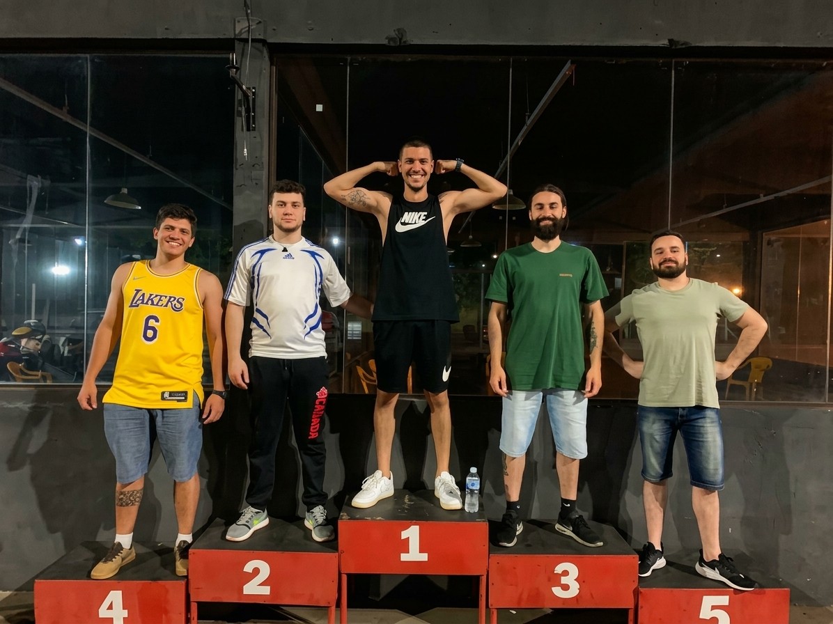 Five friends posing on a podium, André on top in a black Nike tank flexing