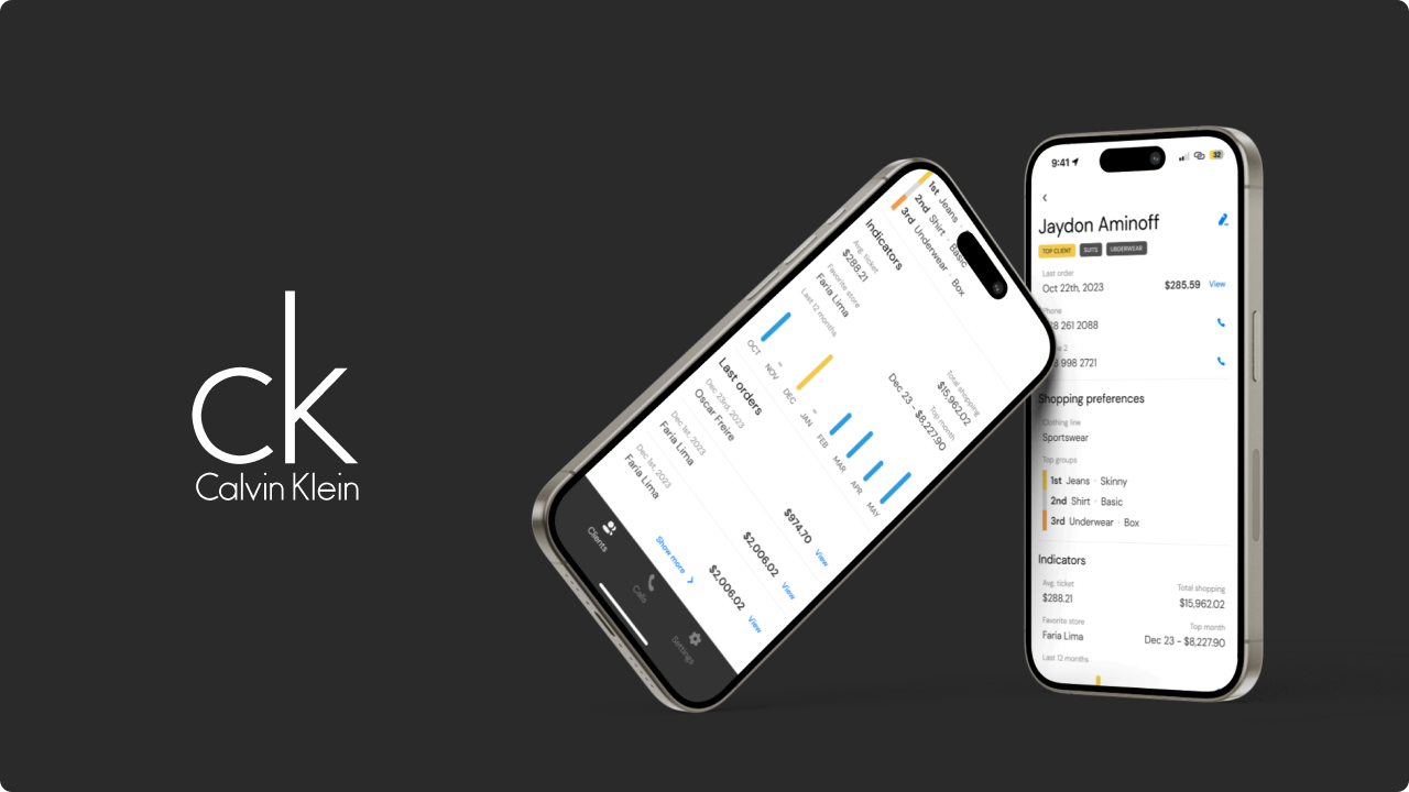 Two phones on a dark backdrop beside the Calvin Klein wordmark, running the sales app: one shows the customer list with last orders and totals, the other a customer profile with shopping preferences and spend indicators.