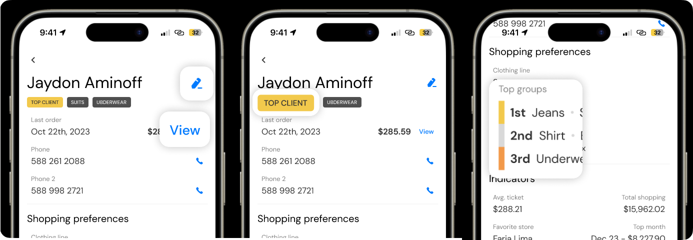 Three close-ups of the client profile: the edit action and the View link called out, the TOP CLIENT tag beside the customer name, and the top groups panel ranking jeans, shirts and underwear.