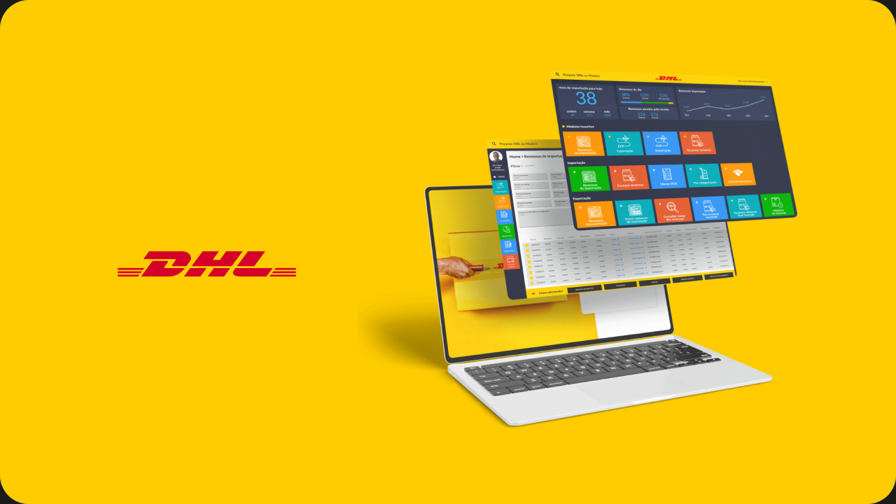 DHL import and export system screens floating above a laptop on a yellow background
