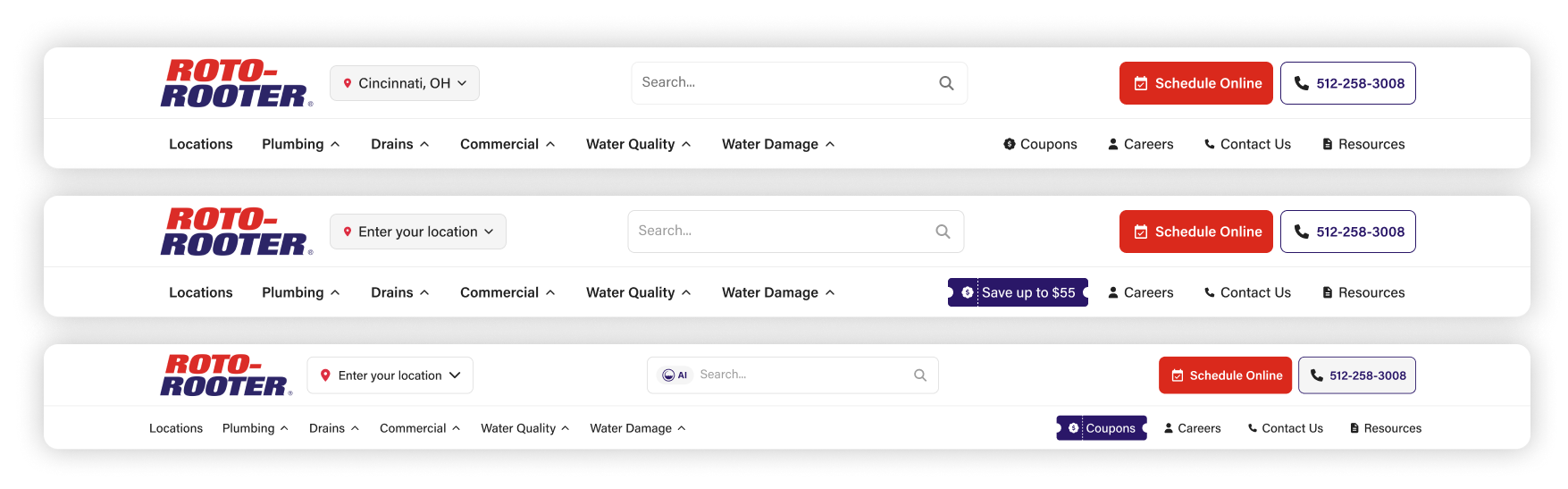 Three versions of the new header stacked, differing in how Coupons is presented: as a plain item with a ticket icon, as a filled dark chip reading Save up to $55, and as a filled dark chip reading Coupons.
