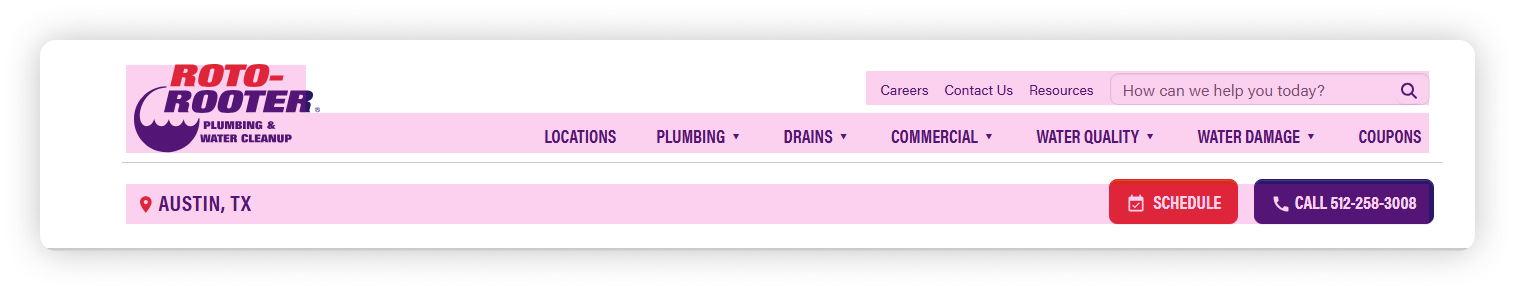The old header with all three of its bars highlighted in pink: the utility row, the row of menu items and the row holding the city and the buttons.
