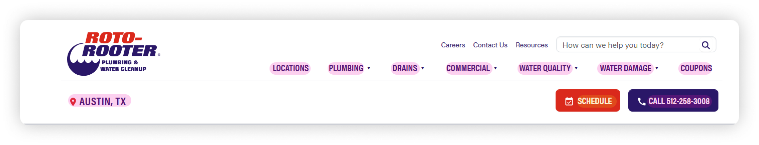 The old header with every menu label individually highlighted in pink, showing that all of them carry the same weight and the same uppercase treatment.