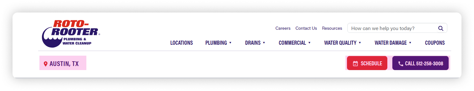 The old header with the bottom row highlighted: the Austin TX location button on the left and the Schedule and Call buttons on the right, all on the third bar.