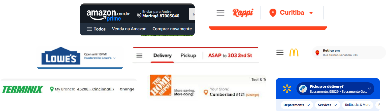 Eight headers from other companies, each with its location control beside the logo: Amazon, Rappi, Lowe's, a delivery app, McDonald's, Terminix, Home Depot and Walmart.