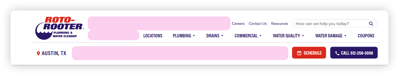 The old header with the empty areas highlighted in pink: a large block beside the logo, another under it, and a long strip beside the city name.