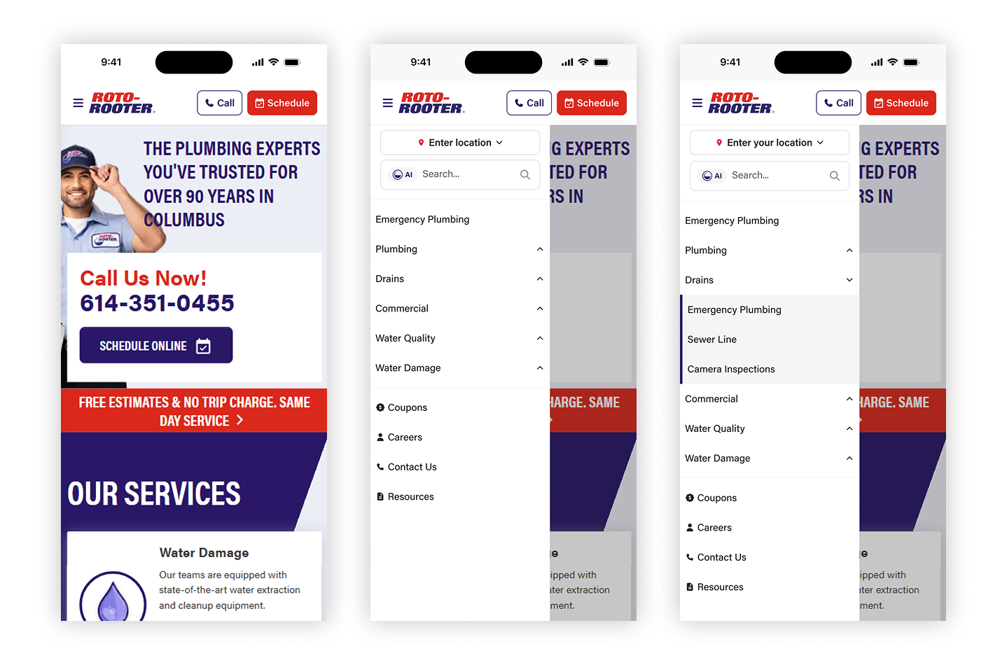 Three phone screens: the page with the compact header and the Call and Schedule buttons, the open menu panel with the location picker, search and the service list, and the same panel with Drains expanded to show Emergency Plumbing, Sewer Line and Camera Inspections.
