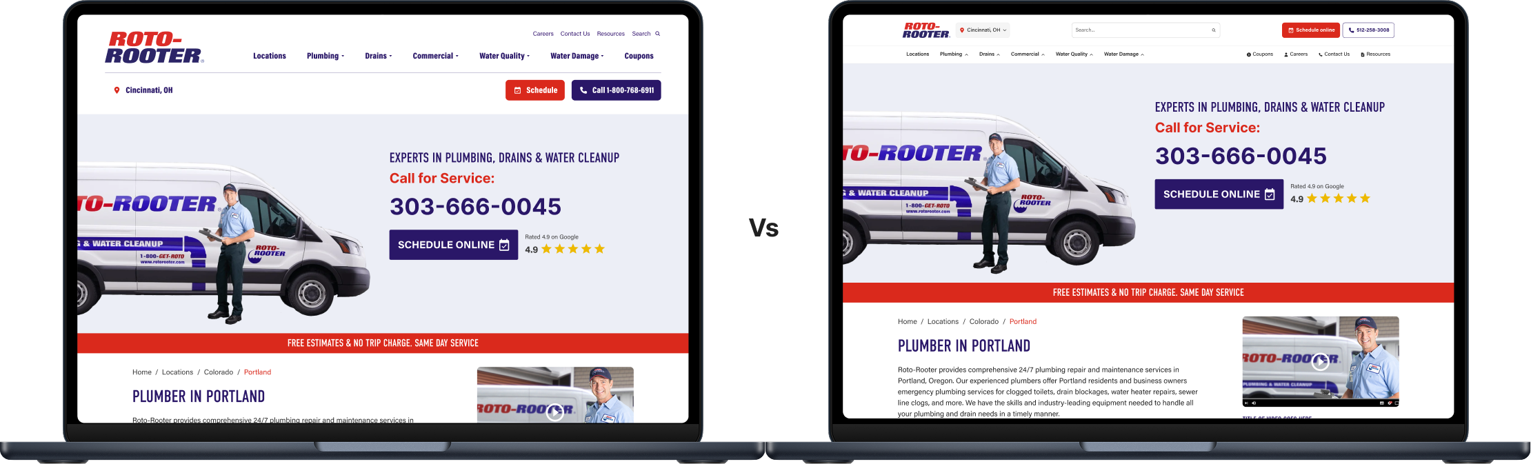Two laptops side by side showing the same Plumber in Portland page. On the left the old header with three bars; on the right the new two-bar header, with the hero and the page content sitting noticeably higher.