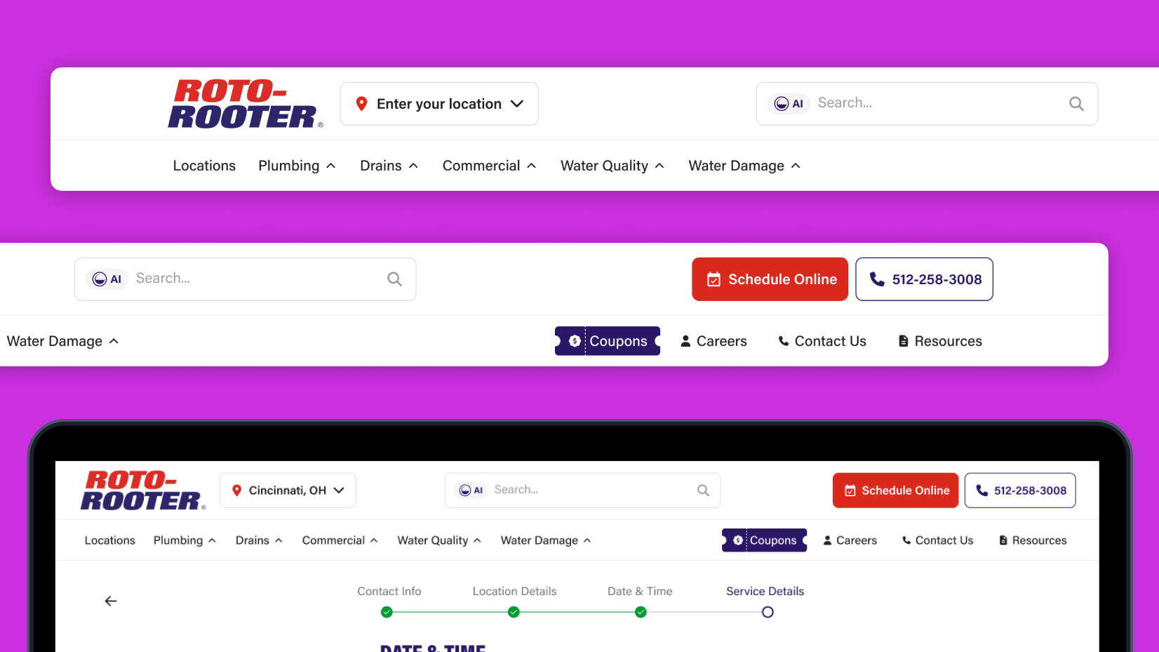 The redesigned Roto-Rooter main navigation shown on desktop and on a tablet below it