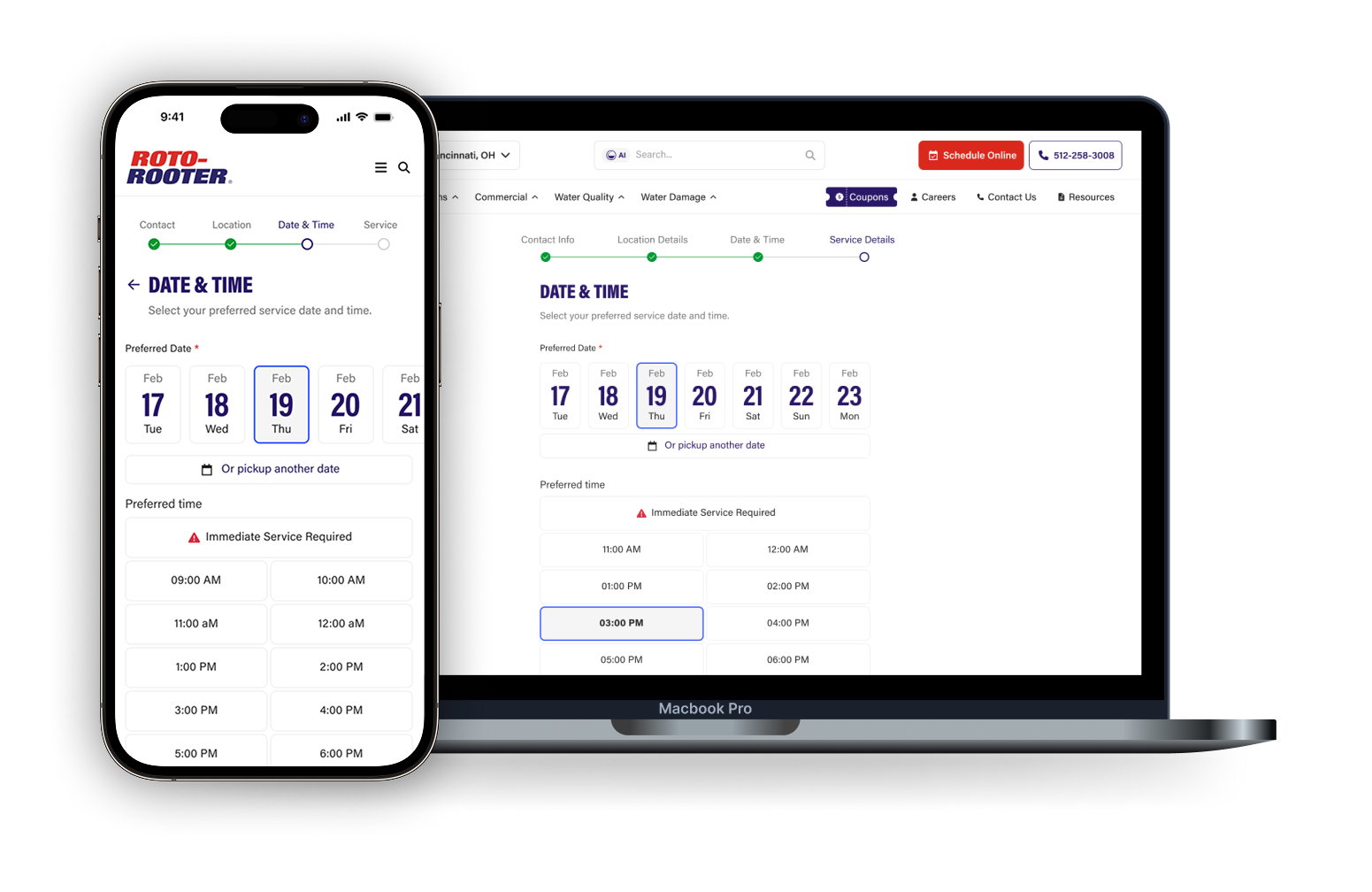 The Date & Time step of the scheduling flow, on desktop and phone: a date picker running Feb 17 to 23 with the 19th selected, and a list of available time slots below.