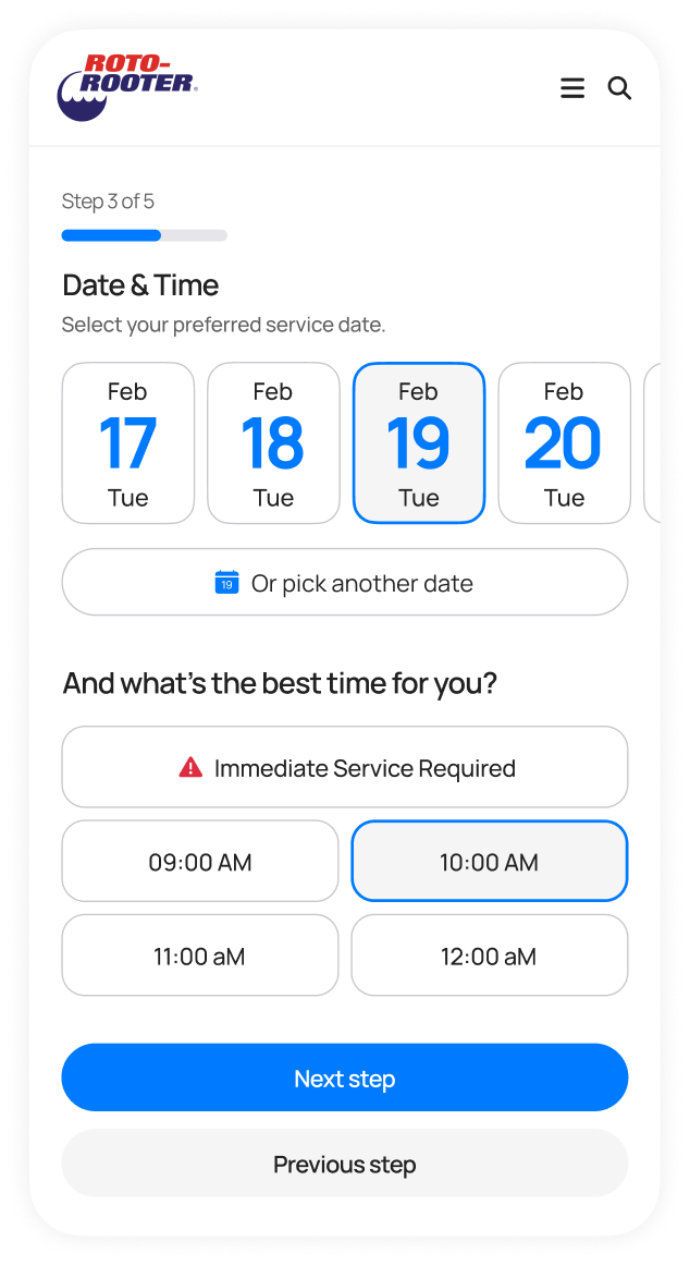 The Date & Time step of the scheduling form on a phone: Feb 17 to 20 with the 19th selected, and time slots below.